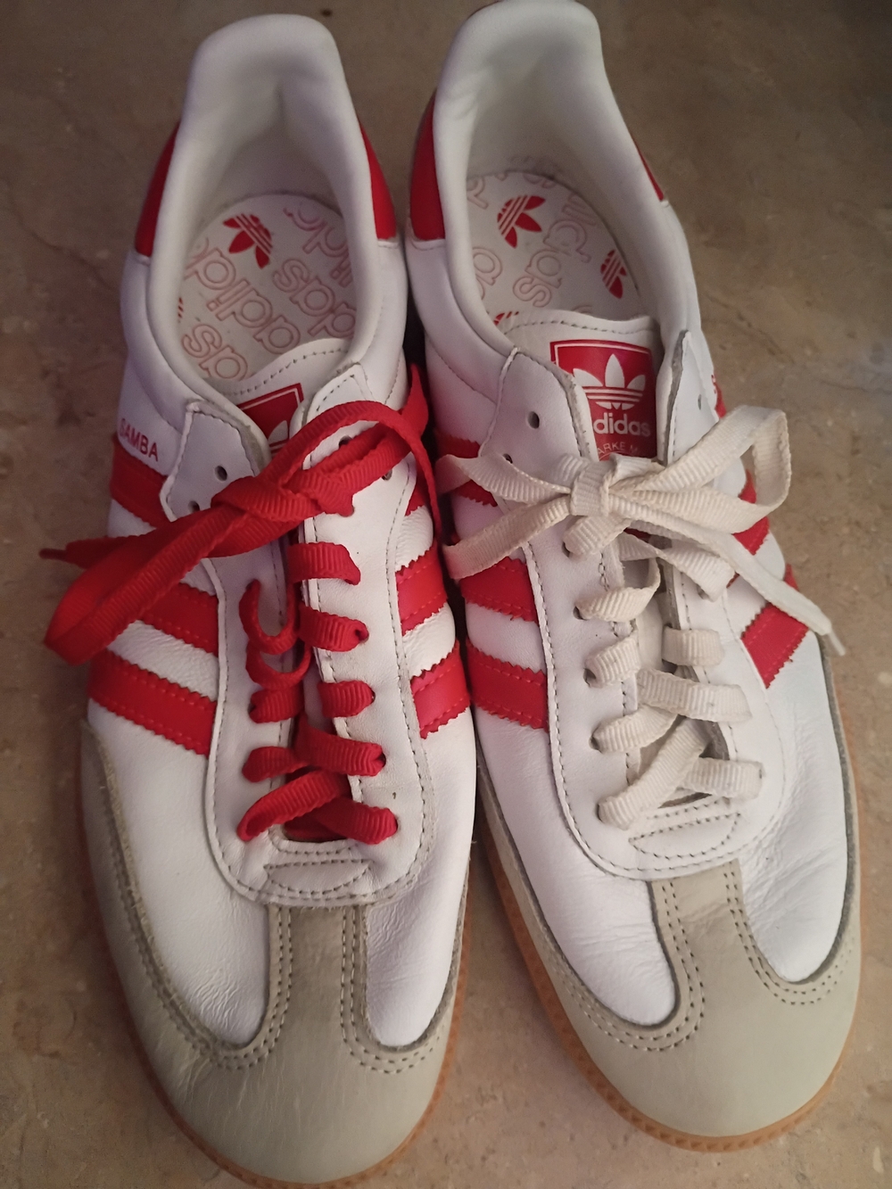 adidas White and Red Samba Leather Athletic Shoes